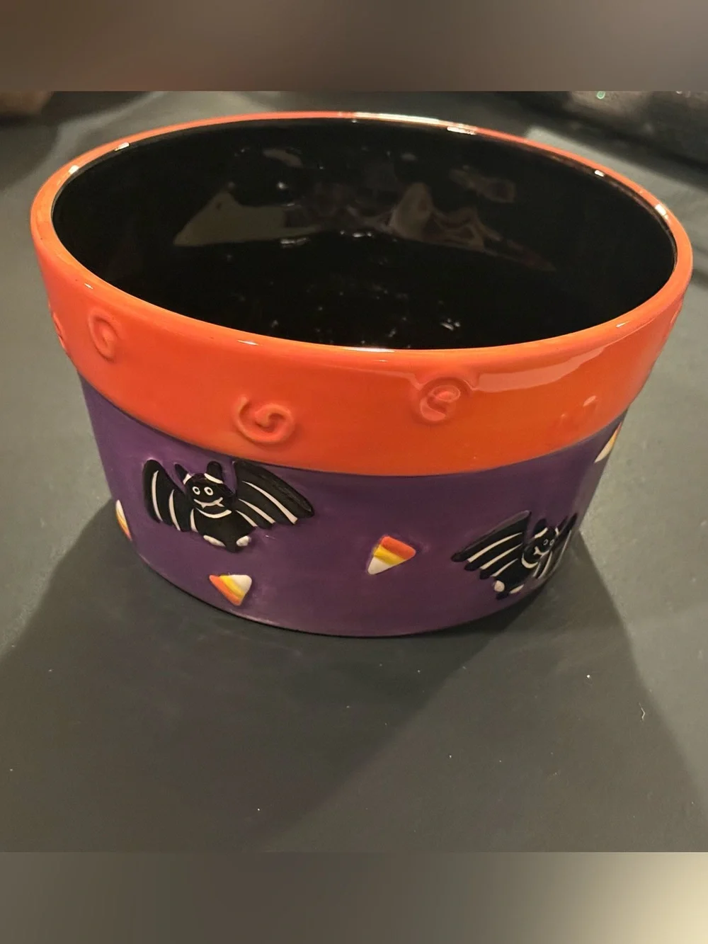 Halloween Trick or Treat Ceramic Candy Bowl Bats Candy Corn